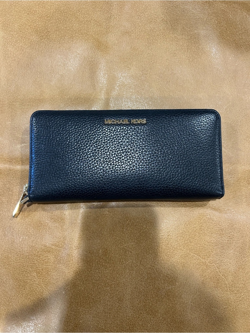 Michael Kors Large Black Pebbled Leather Zip Wallet with Gold Logo